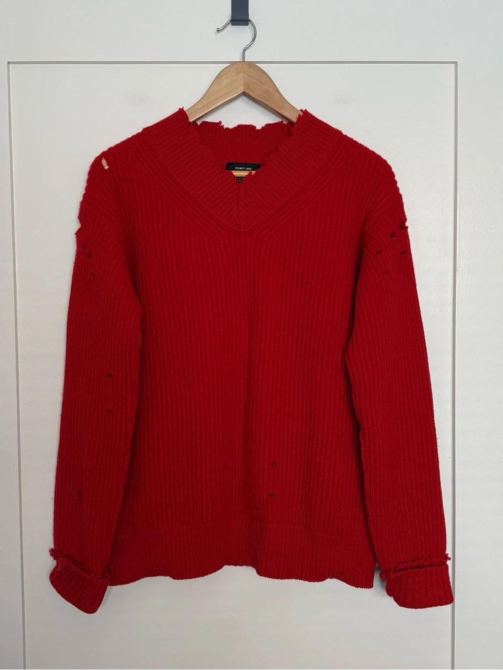 Helmut Lang Sweater Womens Sz S Red Ribbed Distressed V Neck Oversized 100% Wool